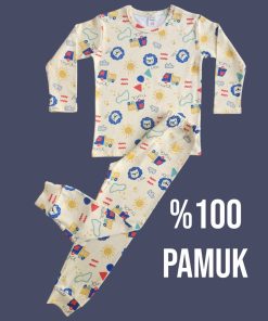 Uzun Kollu Sarı Aslan Desenli Pijama Takım