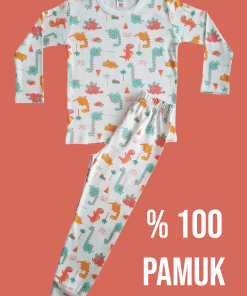 Uzun Kollu Pembe Dinozor Desenli Pijama Takım