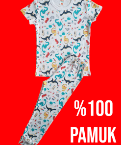 Kısa Kollu kırmızı dinozor Desenli Pijama Takım
