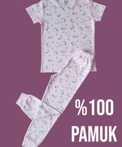 Kısa Kollu Pembe Kedi Desenli Pijama Takım
