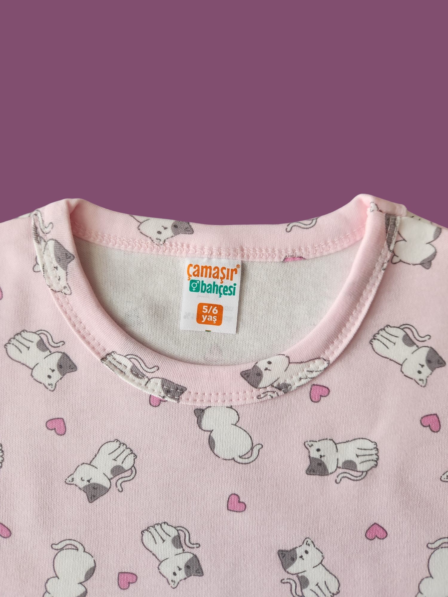 Kısa Kollu Pembe Kedi Desenli Pijama Takım - Görsel 5