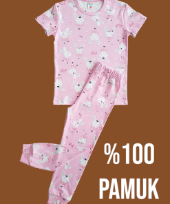Kısa Kollu Pembe Tavşan Desenli Pijama Takım