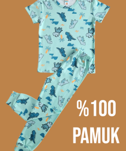 Kısa Kollu Yeşil Dinozor Desenli Pijama Takım