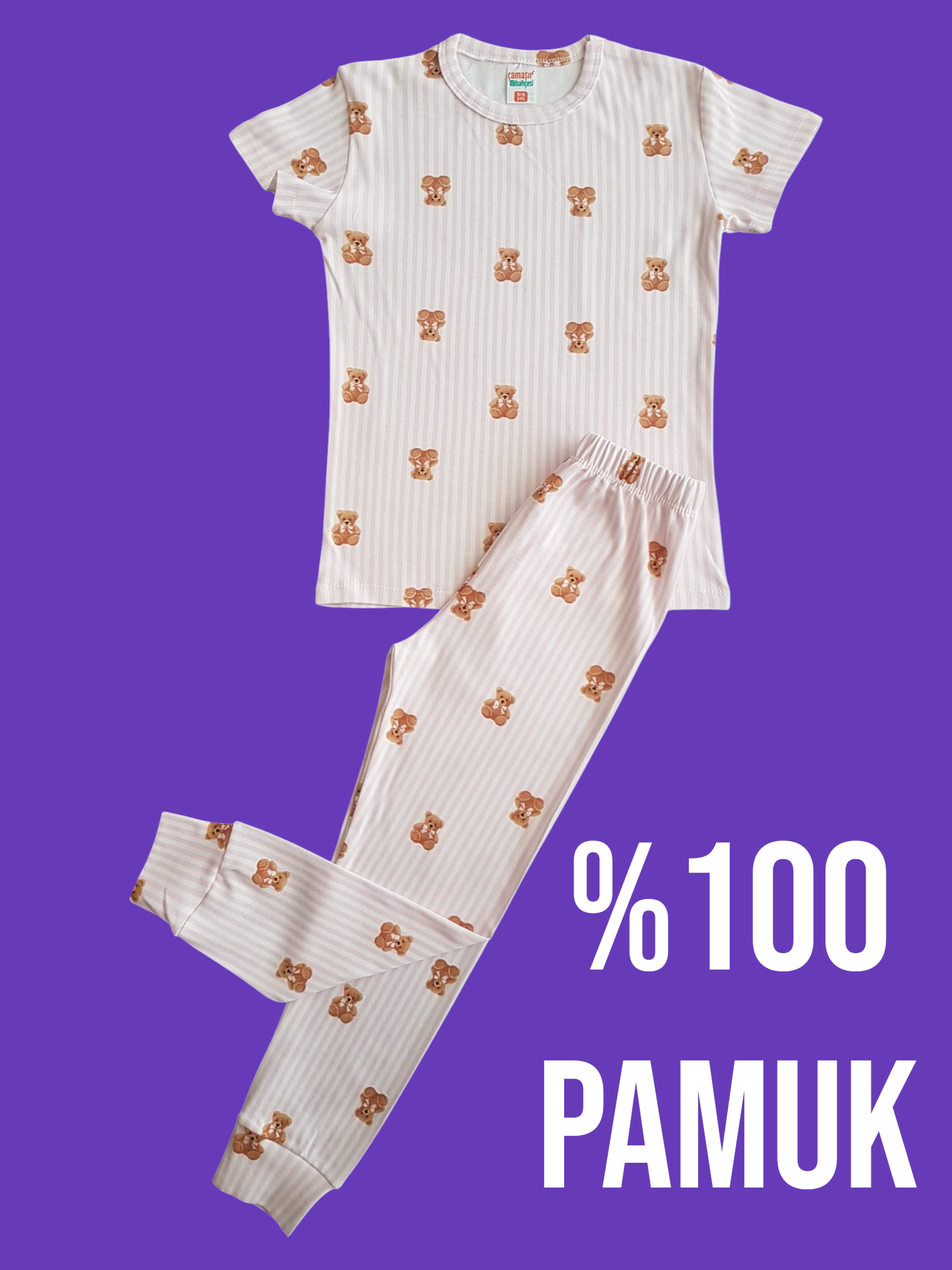 Kısa Kollu Çizgili Ayı Pijama Takım